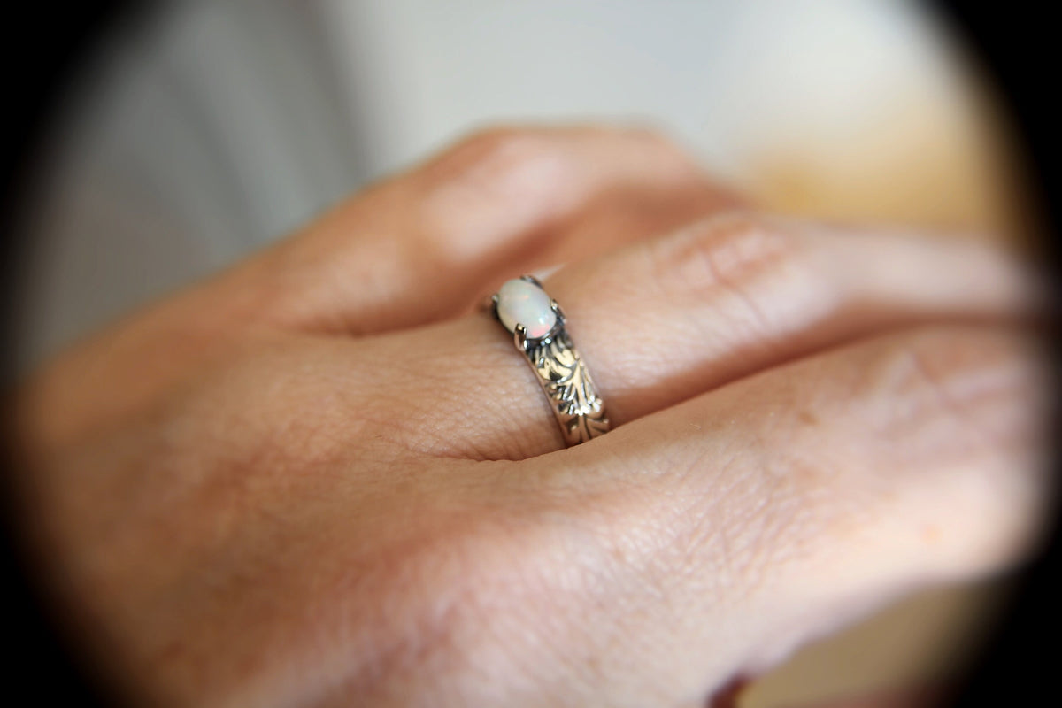 Floral Opal Ring, Floral Band Ring, Prong Setting Ring, Unique Design, Boho Ring, Oval Opal Ring, Opal Stacking Rings, Wide Band Ring