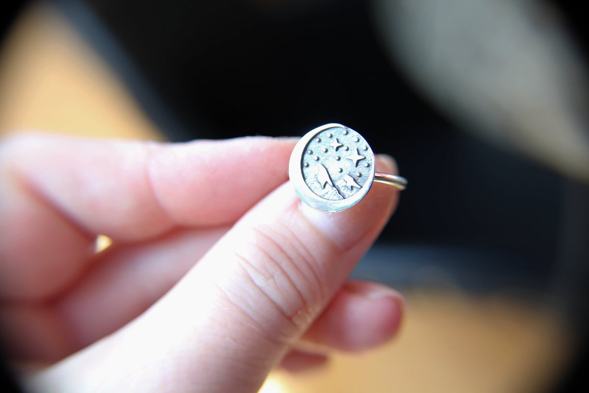 Mountain Ring, Mountain Moon Ring, Crescent Moon Ring, Landscape Ring, Circle Moon Ring, Crescent Moon, Moon Jewelry, Mountain Jewelry, Gift