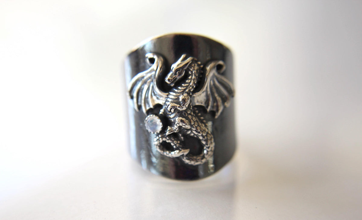 Dragon Ring, Dragon Shield Ring, Mythology Ring, Dragon Jewelry, Mythology Creature, Dragon Holding Orb, Moonstone, Large Dragon Ring, Gift