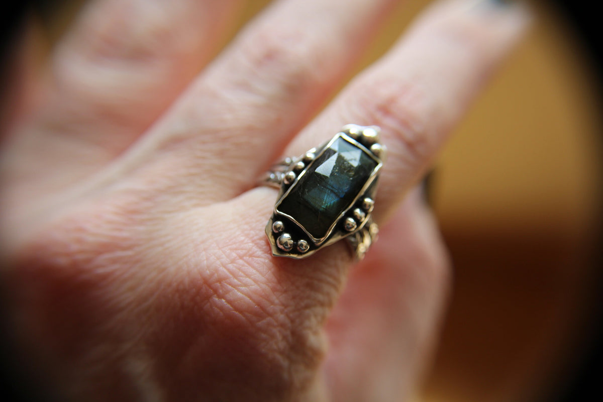 Rectangle Labradorite Ring, Rose Cut Rectangle Labradorite Ring, Large Statement Ring, Rectangle Rose Cut Rectangle Ring, Labradorite Ring
