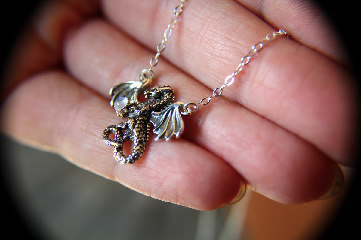 Dragon Necklace, Dragon Pendant Necklace, Mythology Necklace, Dragon Necklace, Mythology Creature, Dragon Hold Orb, Moonstone, Gift