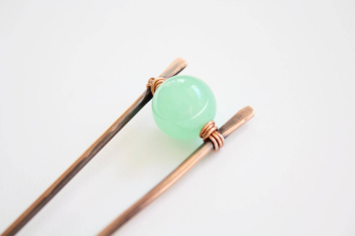 Jade Copper Hair Fork, Jade Hair Pin, Natural Jade Bead, V Shaped Hair Pin, Natural Jade Gemstone Hair Stick, Jade Jewelry, Jade, Gift