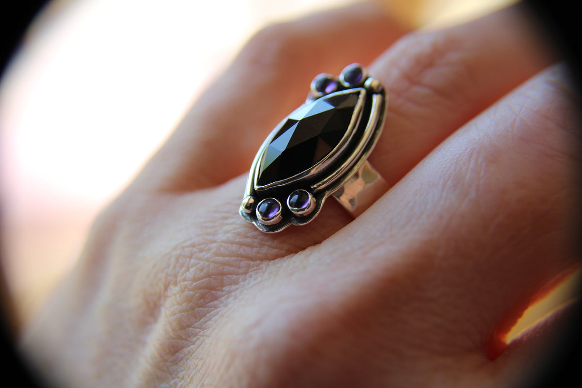 Rosecut Marquise Black Onyx Ring, Rose Cut Black Onyx and Amethyst Ring, Large statement Ring, Custom Build with Your Choice Stones, Gift