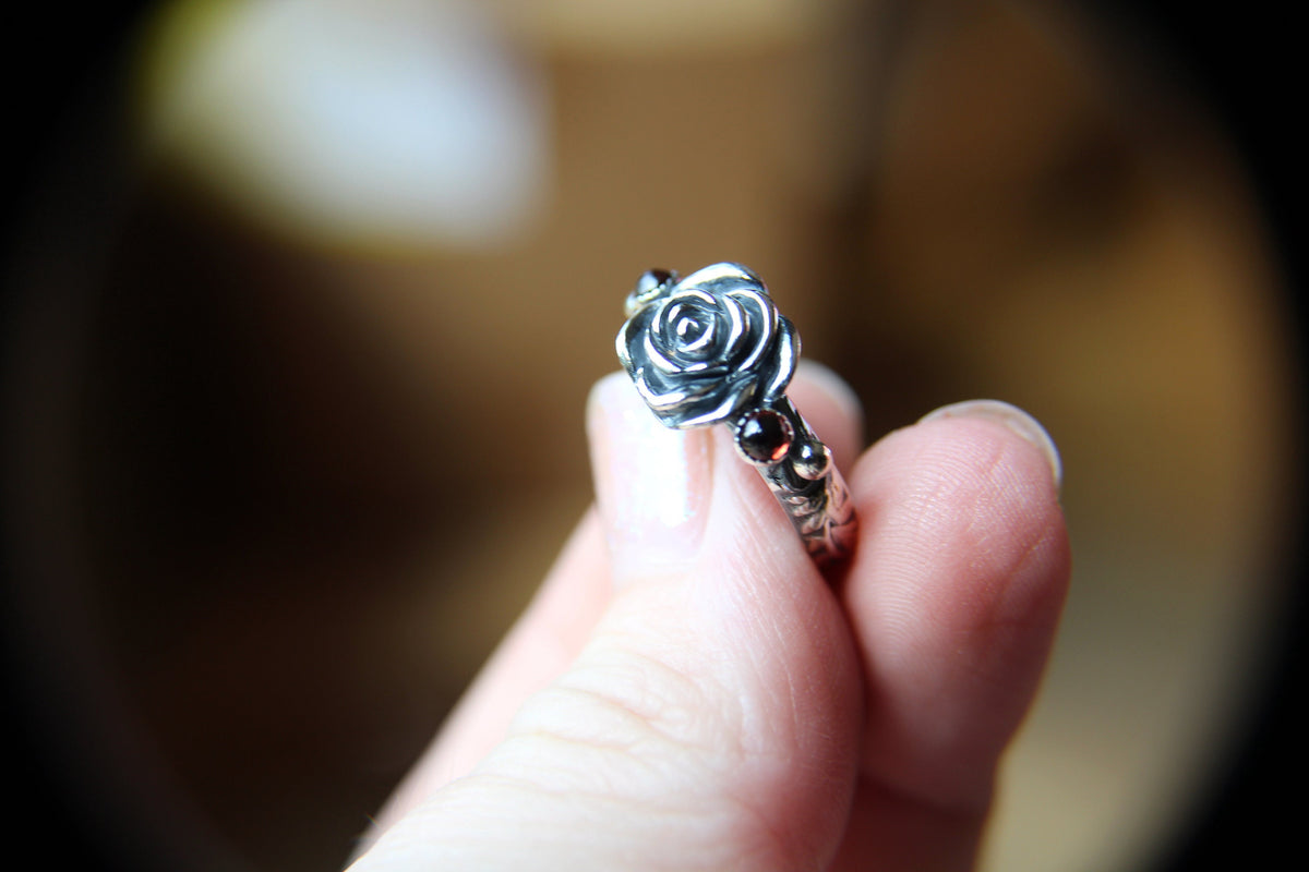 Rose Ring, Garnet Floral Ring, Garnet Rose Ring, Rose Jewelry, Rose Flower Ring, Sterling Silver Rose Ring, Flower Ring, Flower Jewelry,Gift