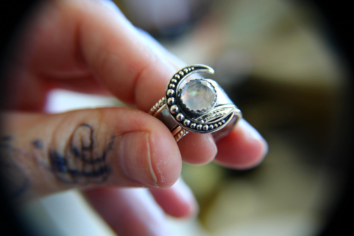 Crescent Moon Ring Set, Moonstone Ring, Crescent Moon Ring, Faceted Moonstone Ring, Beaded Moon Ring, Crescent Moon, Moon Jewelry,Moonstone