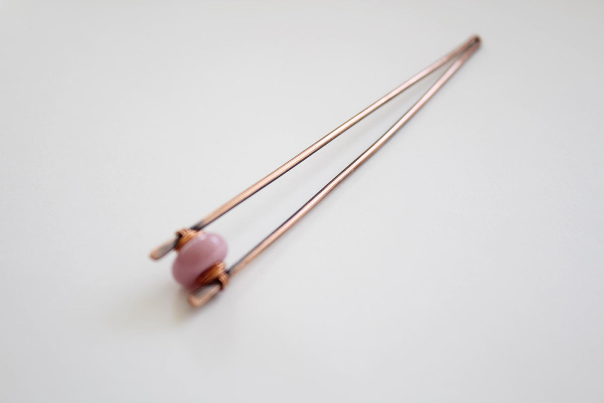 Dusty Rose Lampwork Glass Copper Hair Fork, Lampwork Glass Hair Pin, Lampwork Glass Bead, V Shaped Hair Pin, Lampwork Glass Hair Stick, Gift