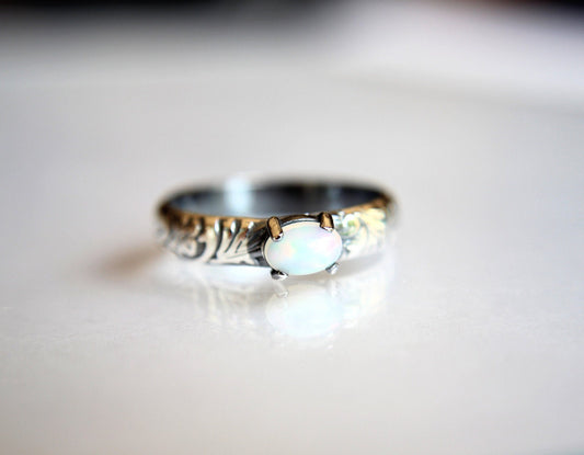 Floral Opal Ring, Floral Band Ring, Prong Setting Ring, Unique Design, Boho Ring, Oval Opal Ring, Opal Stacking Rings, Wide Band Ring