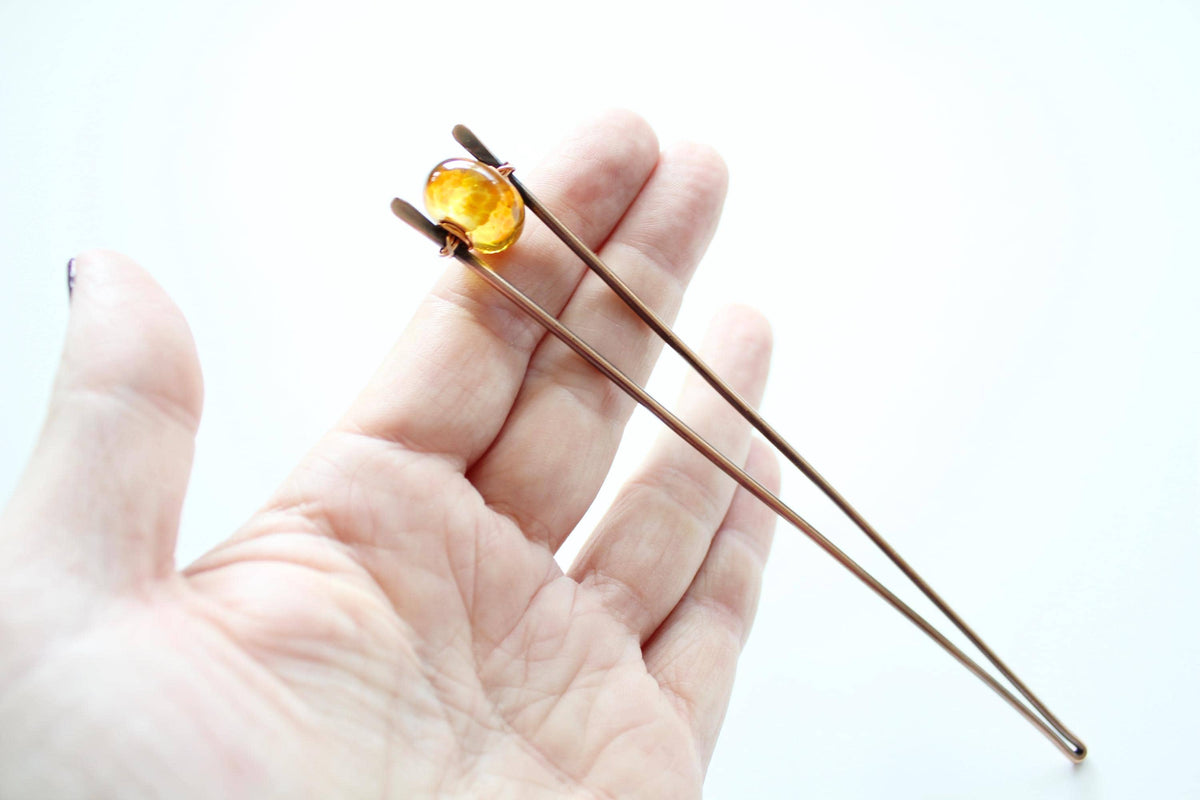 Golden Lampwork Glass Copper Hair Fork, Lampwork Glass Hair Pin, Golden Lampwork Glass Bead, V Shaped Hair Pin, Lampwork Glass Hair Stick