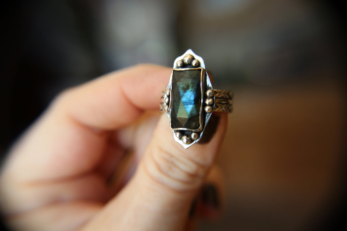 Rectangle Labradorite Ring, Rose Cut Rectangle Labradorite Ring, Large Statement Ring, Rectangle Rose Cut Rectangle Ring, Labradorite Ring