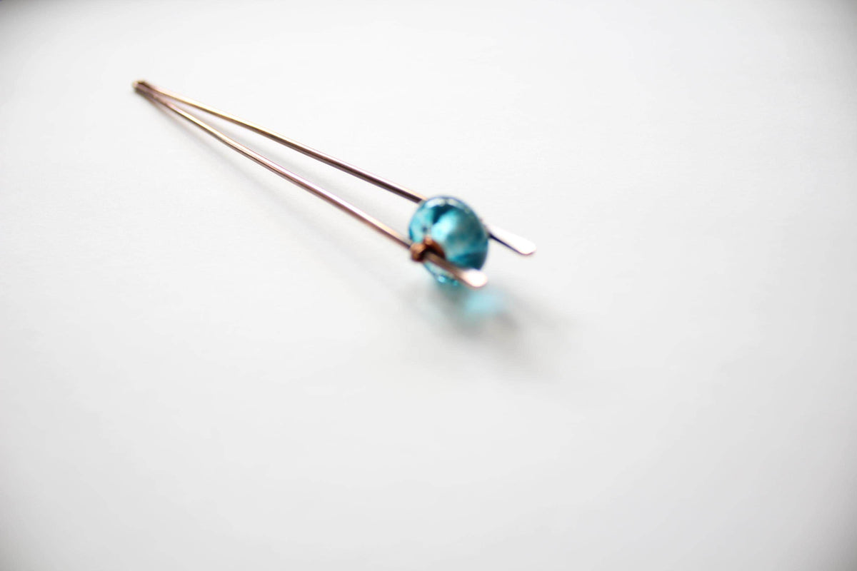 Blue Lampwork Glass Copper Hair Fork, Lampwork Glass Hair Pin, Blue Lampwork Glass Bead, V Shaped Hair Pin, Lampwork Glass Hair Stick, Gift