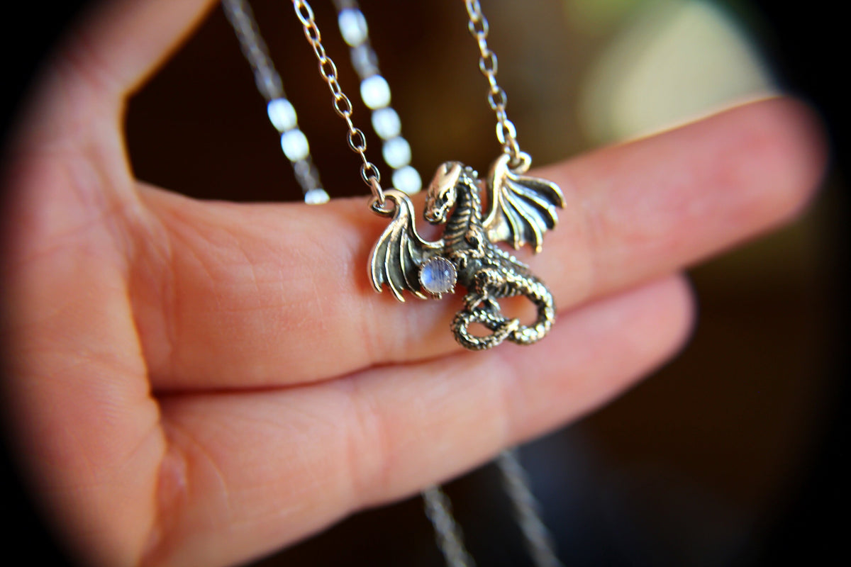 Dragon Necklace, Dragon Pendant Necklace, Mythology Necklace, Dragon Necklace, Mythology Creature, Dragon Hold Orb, Moonstone, Gift