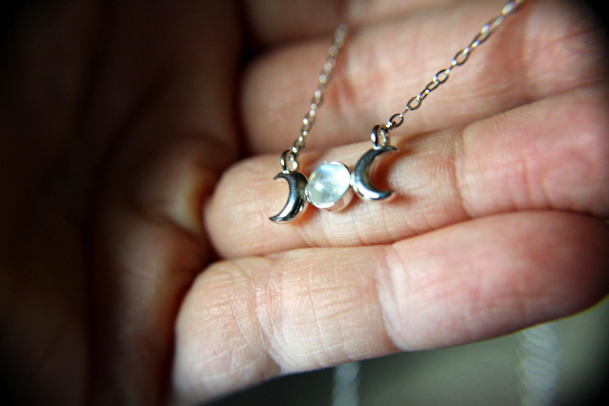 Triple Moon Goddess Necklace, Moon Phase Necklace, Goddess Jewelry, Moonstone Necklace, Wicca Jewelry, Lunar Phases, Crescent Moon Necklace