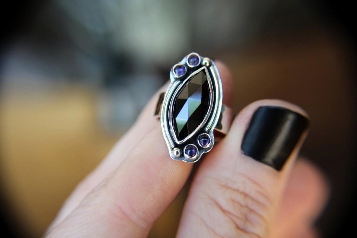Rosecut Marquise Black Onyx Ring, Rose Cut Black Onyx and Amethyst Ring, Large statement Ring, Custom Build with Your Choice Stones, Gift