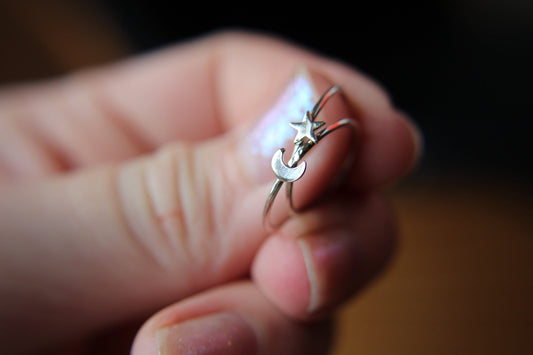 Tiny Moon and Star Ring Set, Tiny Moon Ring, Tiny Star Ring, Star and Moon Ring Set, Tiny Celestial Moon Ring Set, Moon Ring, Star Ring,Gift
