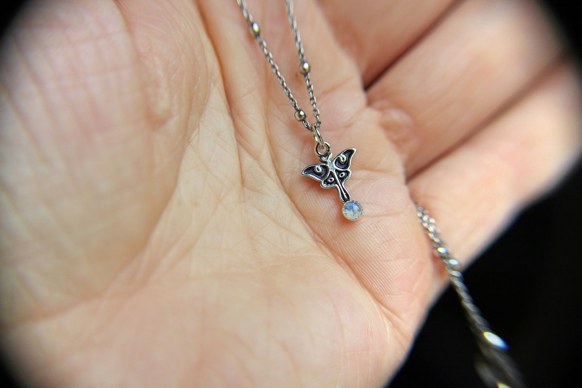 Sterling Tiny Luna Moth Charm Necklace, Small Moonstone Luna Moth Necklace, Silver Small Luna Moth Necklace, Luna Moth Necklace, Gift