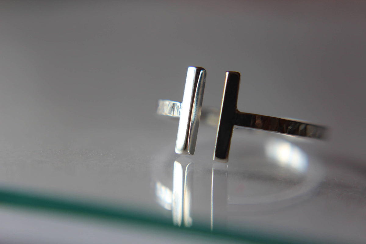 Two Bars Textured Open Ring, Parallel Bar Ring,Notched Ring,Gold or Silver Bar Ring, Sterling Silver Ring, Open Ring, Modern Minimalist Ring