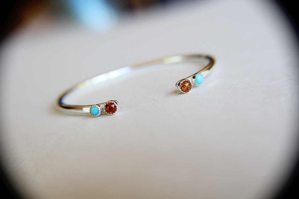 Double Gemstone Bracelet, Sterling Silver Bracelet, Amber Cuff Bracelet, Sterling Turquoise Jewelry, Amber and Turquoise Cuff, Boho, Gift