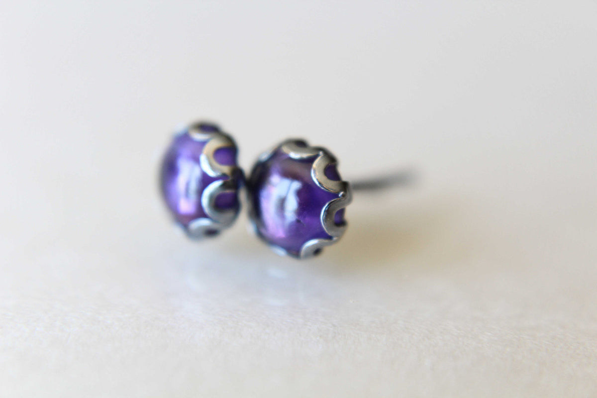 Amethyst Earrings, Stud Earrings, Oxidized Silver Earrings, Unique Amethyst Earrings, Gemstone Earrings, 5mm Amethyst Earrings, Feburary