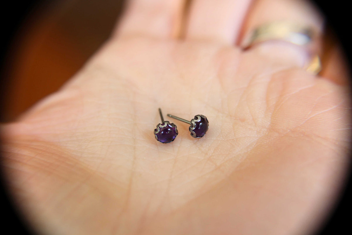 Amethyst Earrings, Stud Earrings, Oxidized Silver Earrings, Unique Amethyst Earrings, Gemstone Earrings, 5mm Amethyst Earrings, Feburary