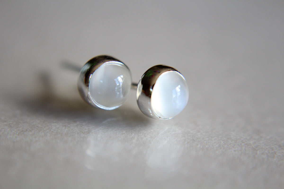Moonstone Earrings, Stud Earrings, Silver Earrings, Simple White Moonstone Earrings, Gemstone Earrings, 5mm Moonstone Earrings, White, Gift