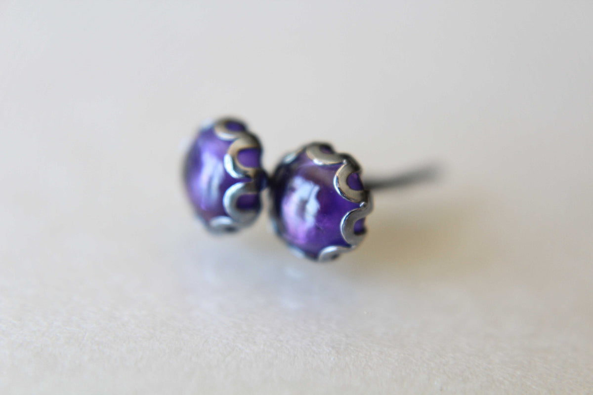 Amethyst Earrings, Stud Earrings, Oxidized Silver Earrings, Unique Amethyst Earrings, Gemstone Earrings, 5mm Amethyst Earrings, Feburary
