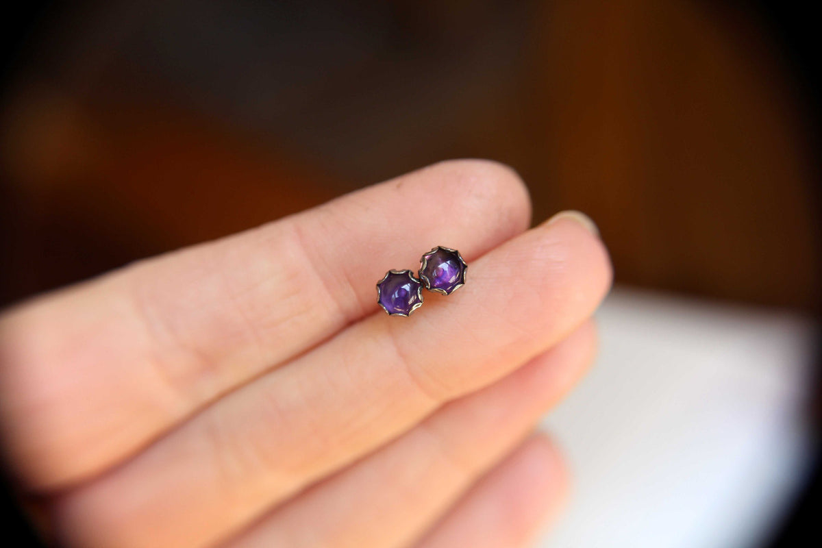 Amethyst Earrings, Stud Earrings, Oxidized Silver Earrings, Unique Amethyst Earrings, Gemstone Earrings, 5mm Amethyst Earrings, Feburary