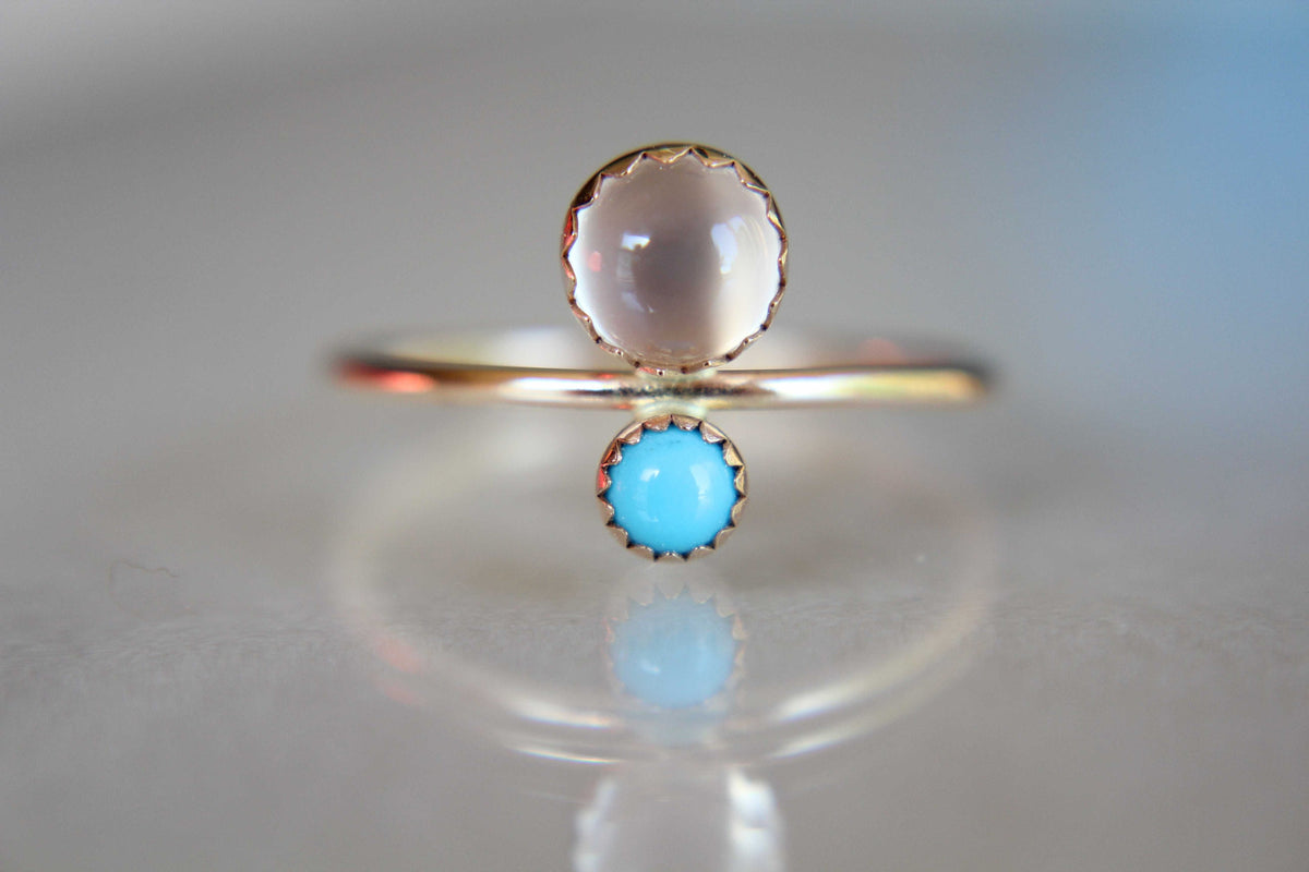 Double Gemstone Ring, Moonstone Ring, Engagement Ring, Turquoise, Dual Gemstone Ring, Gemstone Stacking Ring, White, Moonstone, Gift