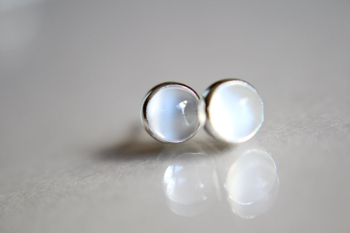 Moonstone Earrings, Stud Earrings, Silver Earrings, Simple White Moonstone Earrings, Gemstone Earrings, 5mm Moonstone Earrings, White, Gift