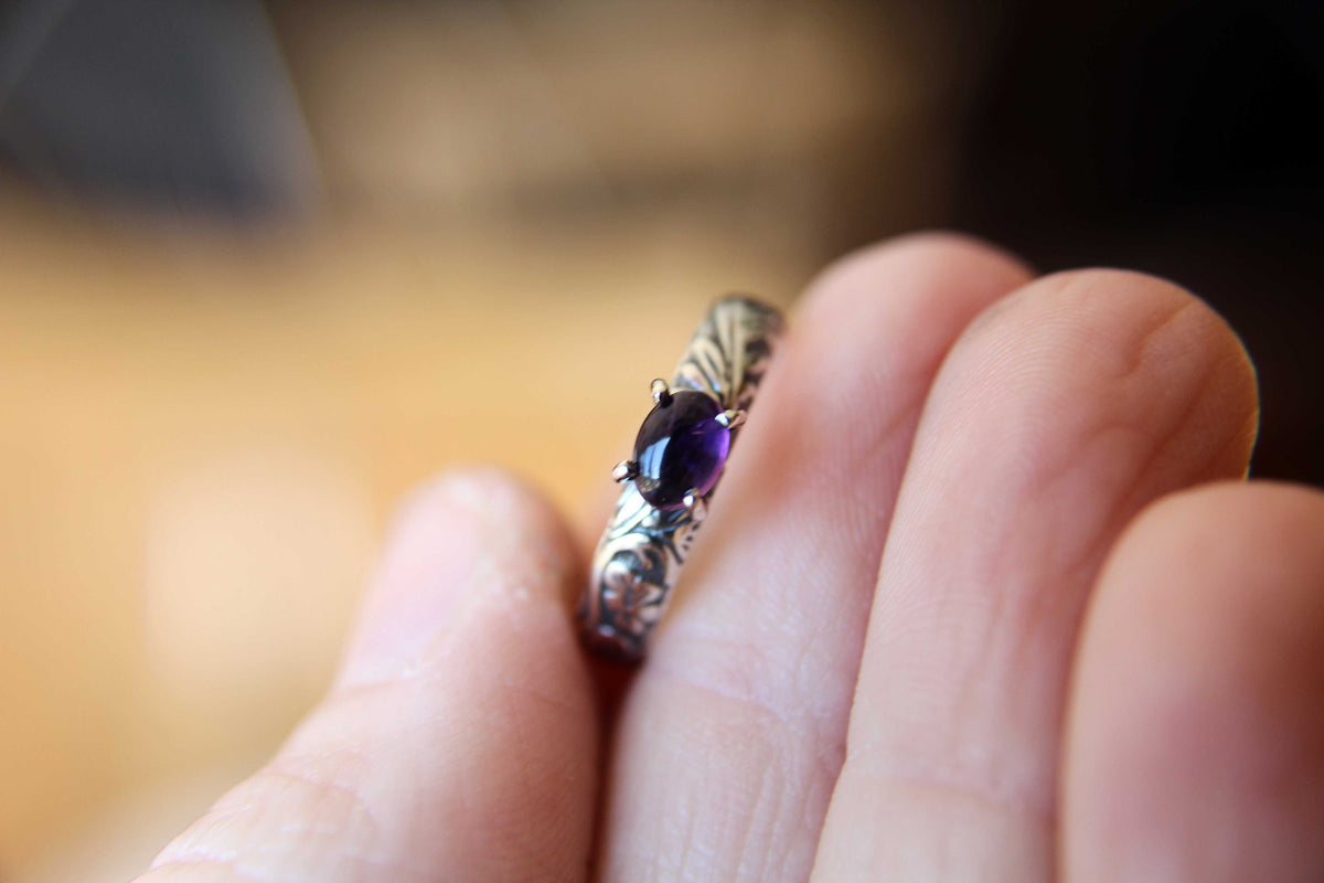 Amethyst Ring, Natural Amethyst Ring, Floral Amethyst Ring, Boho Ring, Stacking Ring, Floral Band, Purple Stone, Boho Ring, Natural, Gift