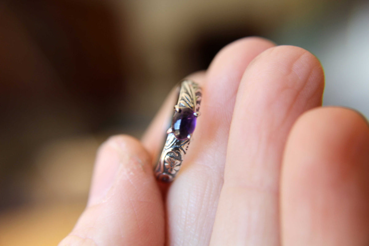 Amethyst Ring, Natural Amethyst Ring, Floral Amethyst Ring, Boho Ring, Stacking Ring, Floral Band, Purple Stone, Boho Ring, Natural, Gift