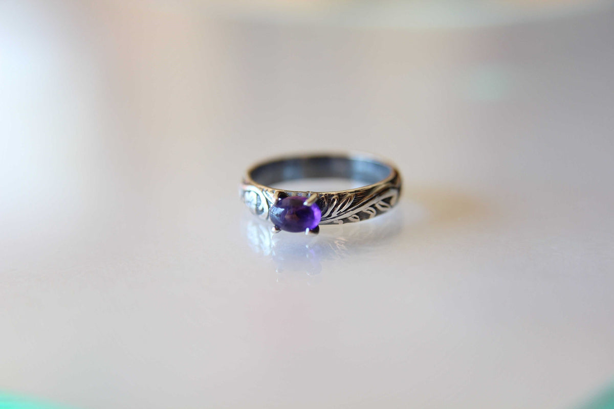 Amethyst Ring, Natural Amethyst Ring, Floral Amethyst Ring, Boho Ring, Stacking Ring, Floral Band, Purple Stone, Boho Ring, Natural, Gift