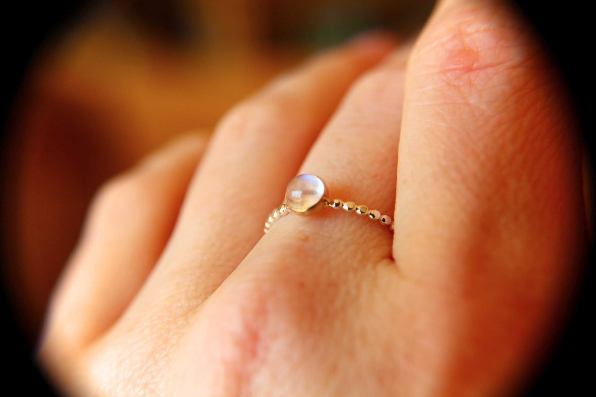 Rainbow Moonstone Ring, Beaded Ring, Beaded Moonstone Ring, Gold and Silver Ring, Moonstone Stacking Ring, 14Kt Gold and Sterling Silver