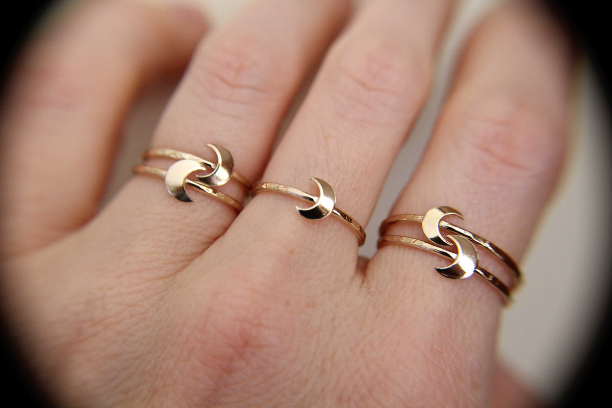 Gold Moon Ring, Textured Moon Rings, Gold Stacking Rings, Goldfill Moon Ring, Stacking Band Rings, Moon, Crescent Moon Ring, Simple, Chic