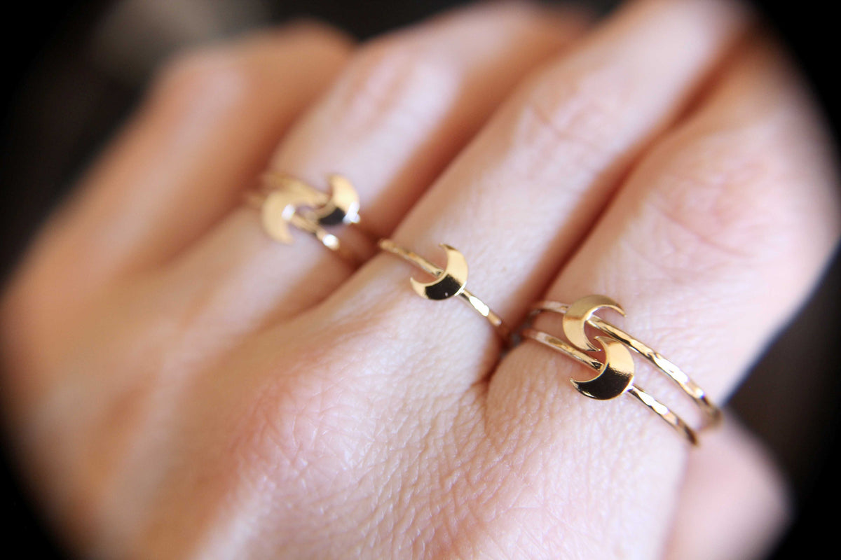 Gold Moon Ring, Textured Moon Rings, Gold Stacking Rings, Goldfill Moon Ring, Stacking Band Rings, Moon, Crescent Moon Ring, Simple, Chic