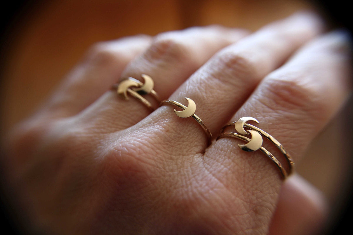 Gold Moon Ring, Textured Moon Rings, Gold Stacking Rings, Goldfill Moon Ring, Stacking Band Rings, Moon, Crescent Moon Ring, Simple, Chic