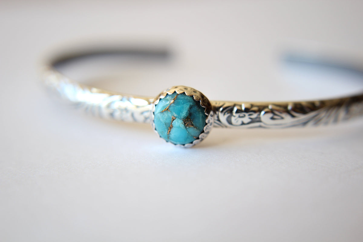 Turquoise Cuff Bracelet, Bohemian Turquoise Jewelry, Floral Pattern Cuff Bracelet, Copper Turquoise Gemstone Cuff, Copper and Turquoise