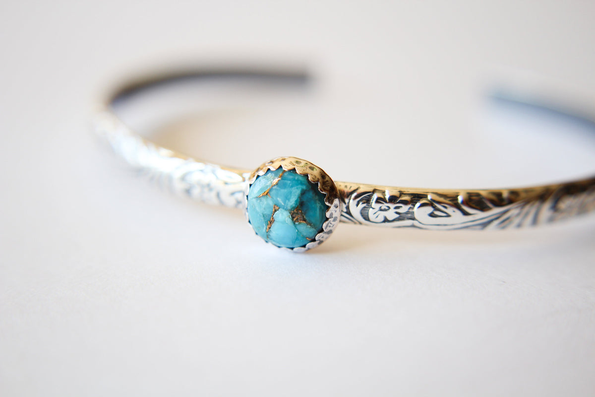Turquoise Cuff Bracelet, Bohemian Turquoise Jewelry, Floral Pattern Cuff Bracelet, Copper Turquoise Gemstone Cuff, Copper and Turquoise