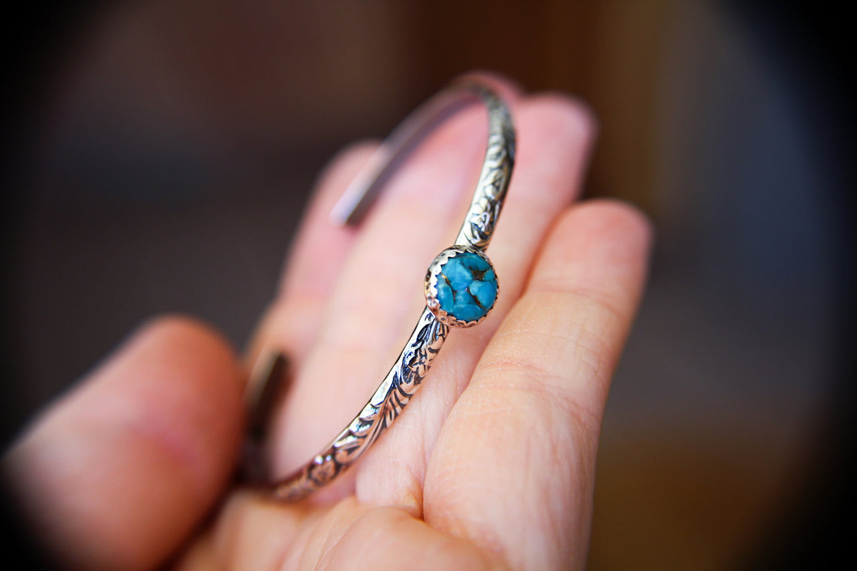 Turquoise Cuff Bracelet, Bohemian Turquoise Jewelry, Floral Pattern Cuff Bracelet, Copper Turquoise Gemstone Cuff, Copper and Turquoise