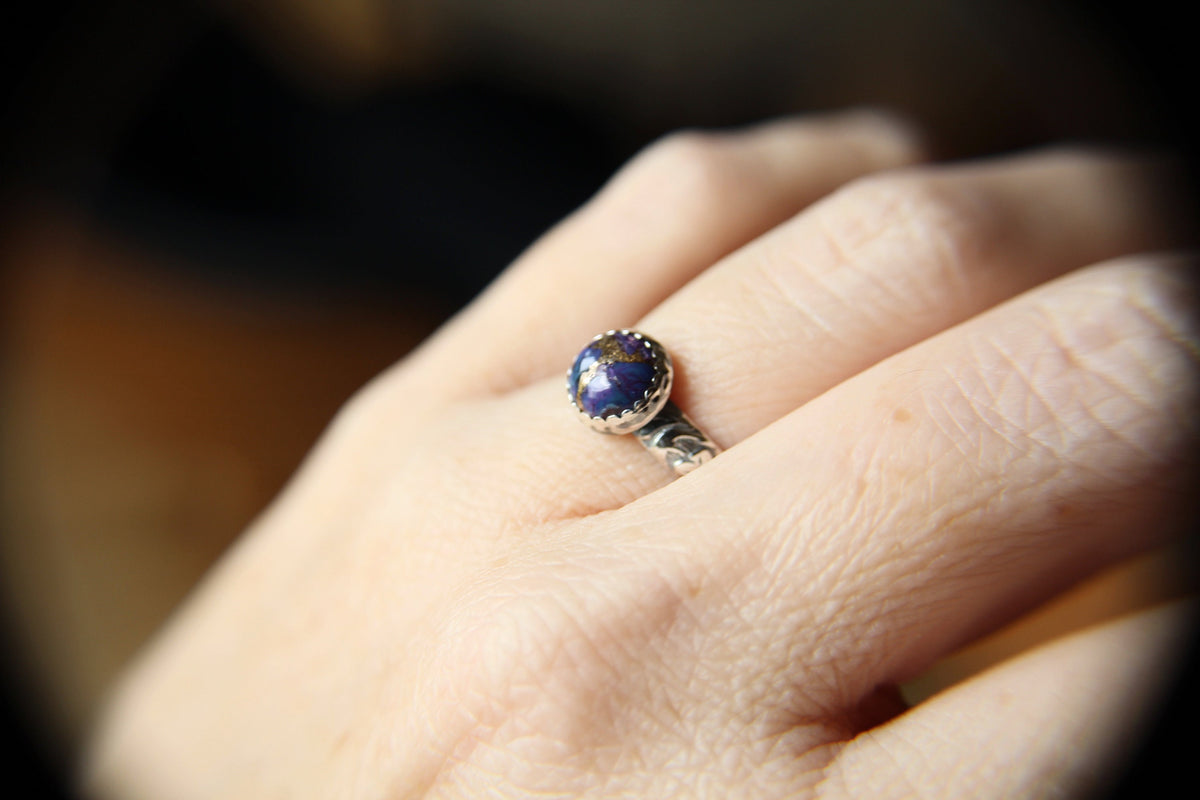 Purple Turquoise Ring, Floral Band, Turquoise Floral Ring, Antique Silver Ring, Boho Statement Band, Floral Jewelry, Thick Floral Ring, gift
