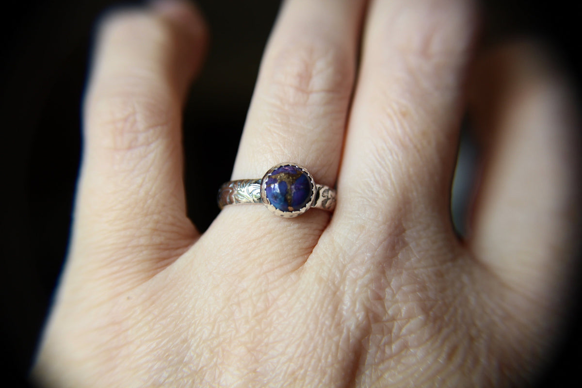 Purple Turquoise Ring, Floral Band, Turquoise Floral Ring, Antique Silver Ring, Boho Statement Band, Floral Jewelry, Thick Floral Ring, gift