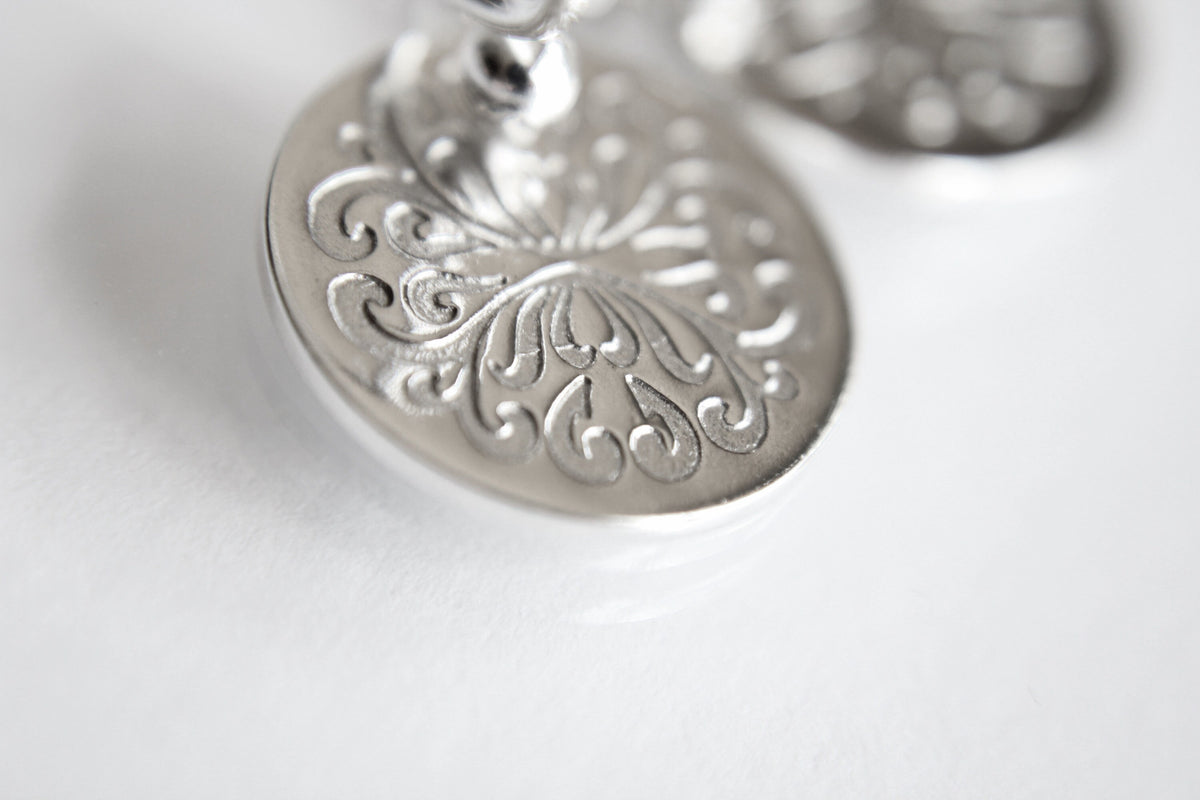 Silver Victorian Floral Flourish Disc Earrings, Round Sterling Silver Disc Earrings, Simple Victorian Floral Flourish Disc Earrings, Gift