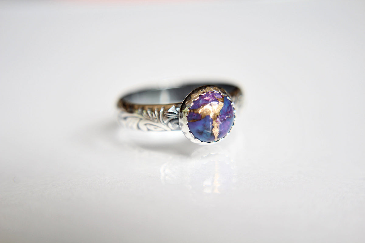 Purple Turquoise Ring, Floral Band, Turquoise Floral Ring, Antique Silver Ring, Boho Statement Band, Floral Jewelry, Thick Floral Ring, gift