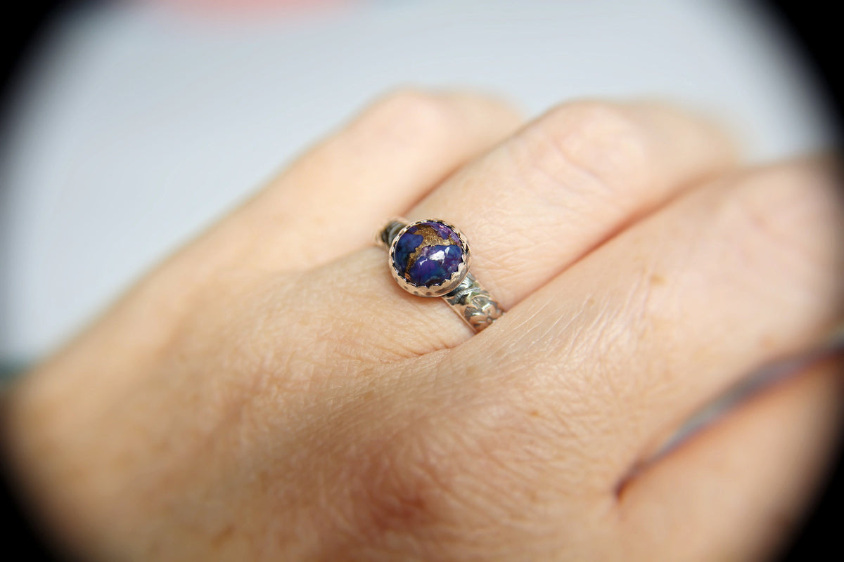 Purple Turquoise Ring, Floral Band, Turquoise Floral Ring, Antique Silver Ring, Boho Statement Band, Floral Jewelry, Thick Floral Ring, gift