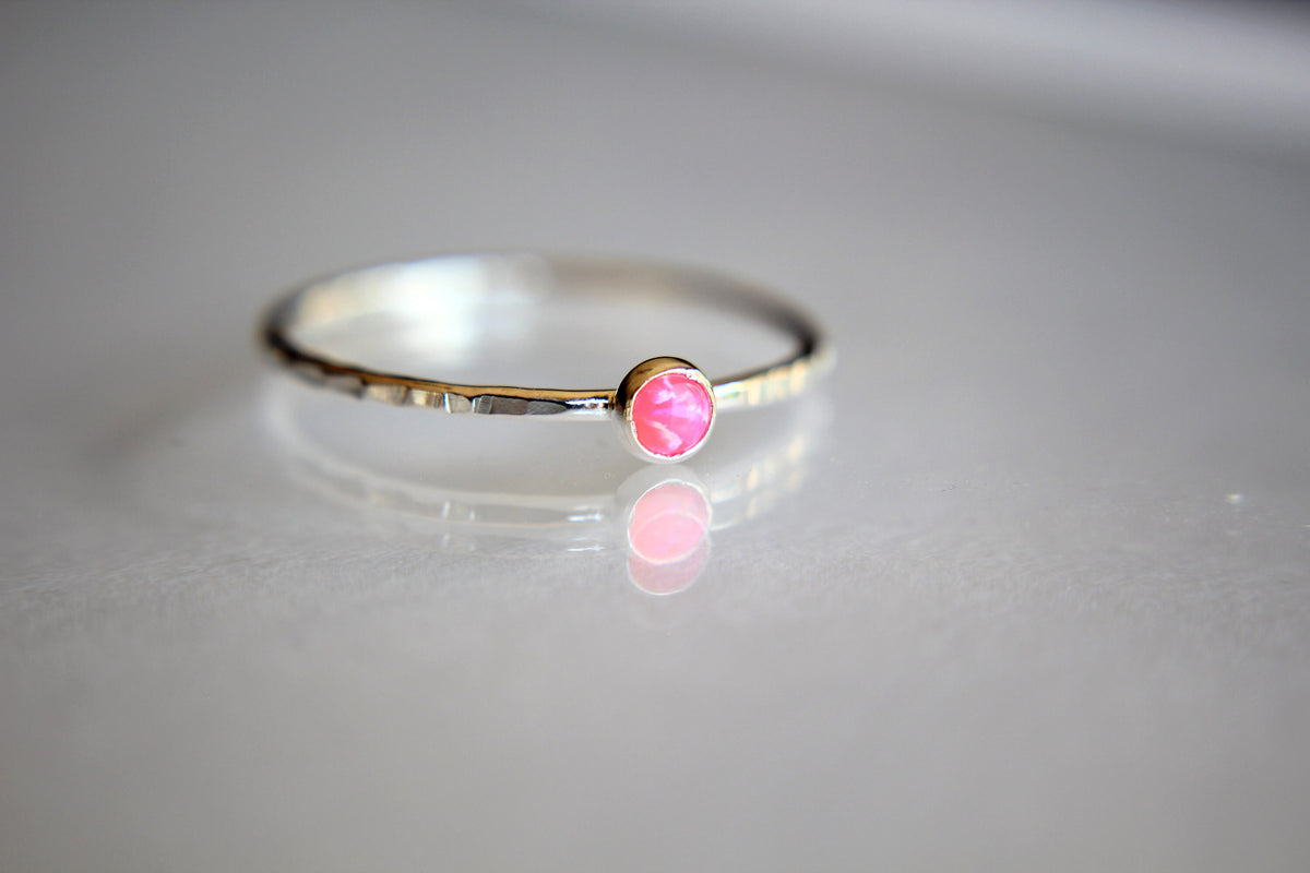 Slim Textured Opal Stacking Ring,Slim Ring,Stacking Gemstone Ring,Customizable Rings,Textured Rings,Whisper Gemstone Rings,Gift,Pink Opal