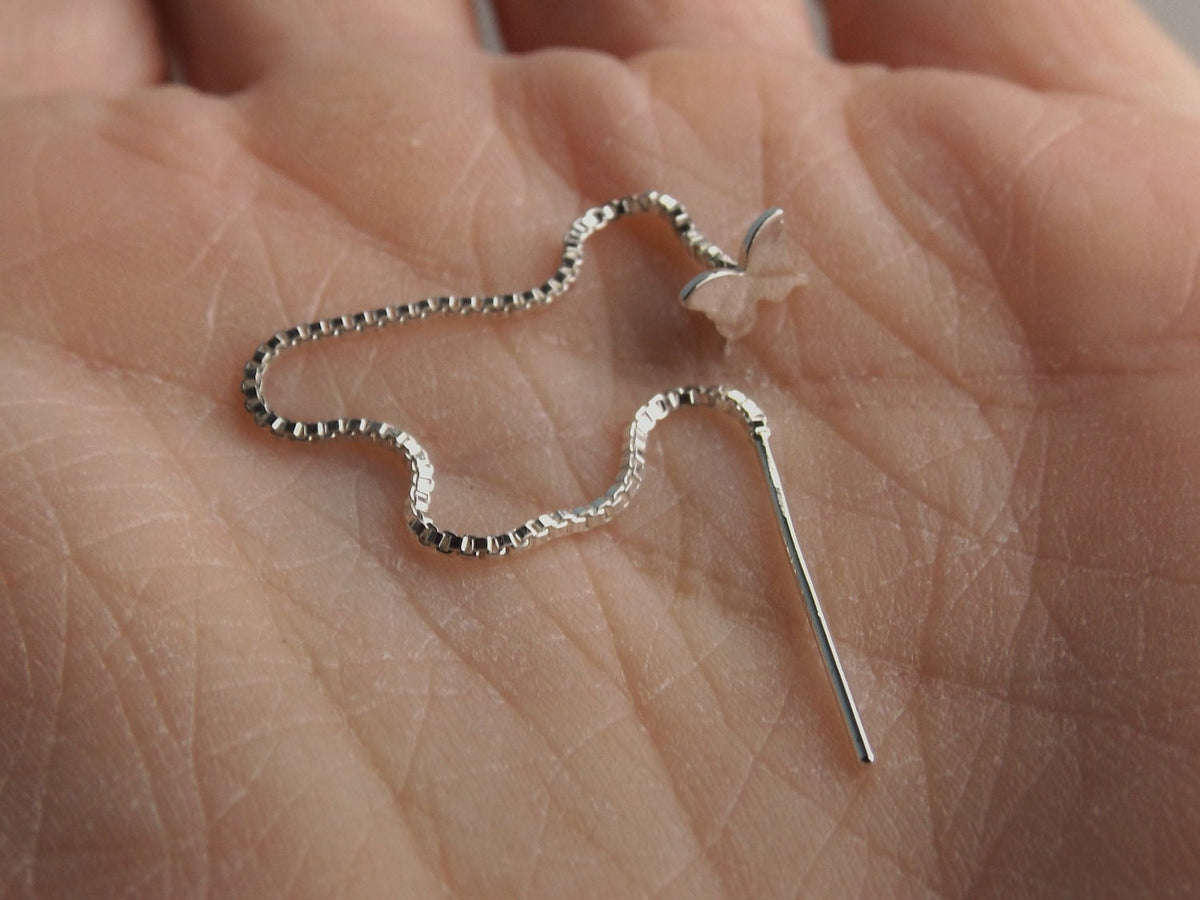 Butterfly Earrings,Tiny Butterfly Earrings,Sterling Butterfly Earrings,Thread Earrings,Butterfly Chain Earrings,Butterfly Studs,Simple,Chain