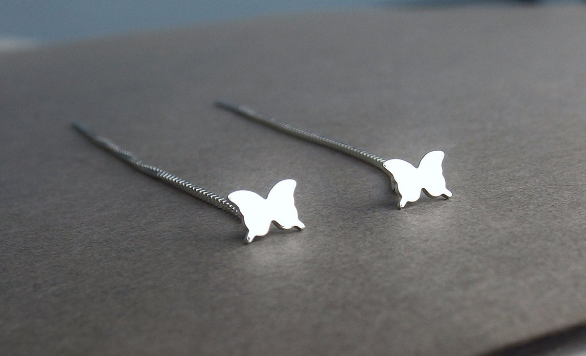Butterfly Earrings,Tiny Butterfly Earrings,Sterling Butterfly Earrings,Thread Earrings,Butterfly Chain Earrings,Butterfly Studs,Simple,Chain