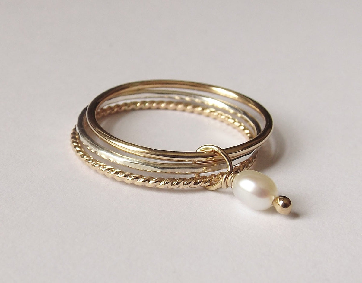 Pearl Ring Set, Mixed Metals Ring Set, Textured Rings, Boho Ring Set, Stacking Rings, Boho Chic, Interlocking Rings, Freshwater Pearl