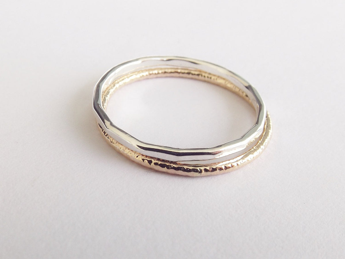 Simple Stacking Set,Mixed Metals Ring Set,Textured Rings,Faceted Ring,Boho Ring Set,Stacking Rings,Boho Chic,Yellow Gold filled and Sterling