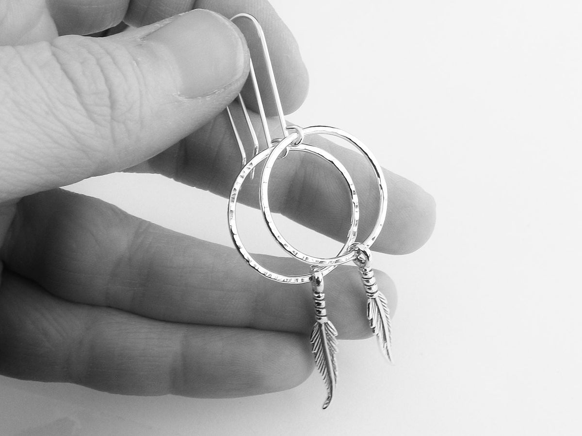 Feather Earrings, Hoop Earrigs, Long Boho Earrings, Silver Feather Earrings, Boho Earrings, Modern, Minimalist, Long Feather Hoop Earrings