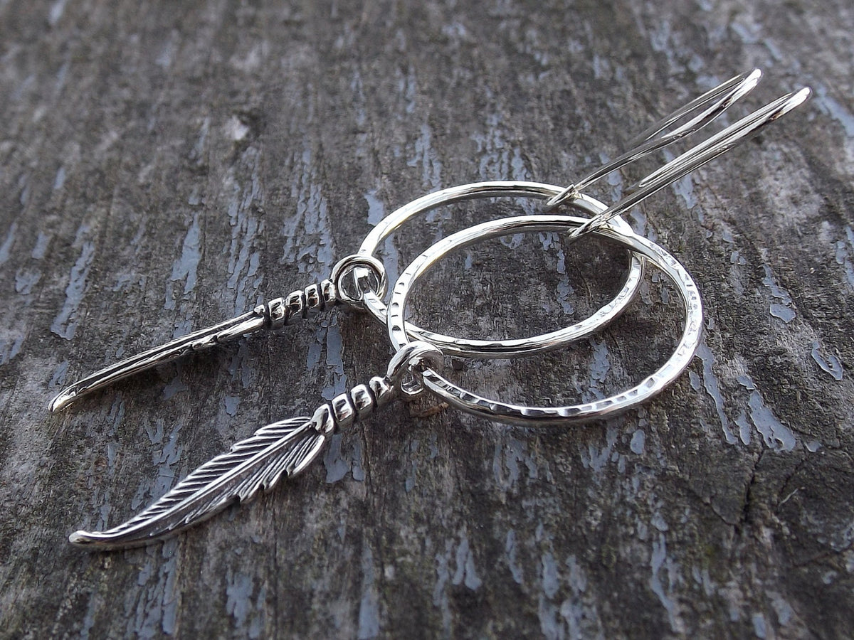 Feather Earrings, Hoop Earrigs, Long Boho Earrings, Silver Feather Earrings, Boho Earrings, Modern, Minimalist, Long Feather Hoop Earrings